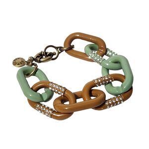 J CREW GREEN BEIGE GOLD CHUNKY CHAIN LINK ENAMEL STATEMENT BRACELET EUC